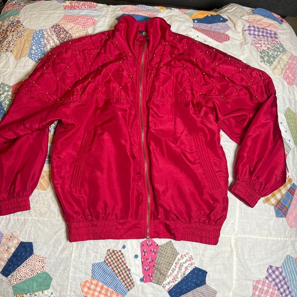 Fuda International Vintage Red‎ Silk Beaded Quilted Bomber Jacket Petite Small